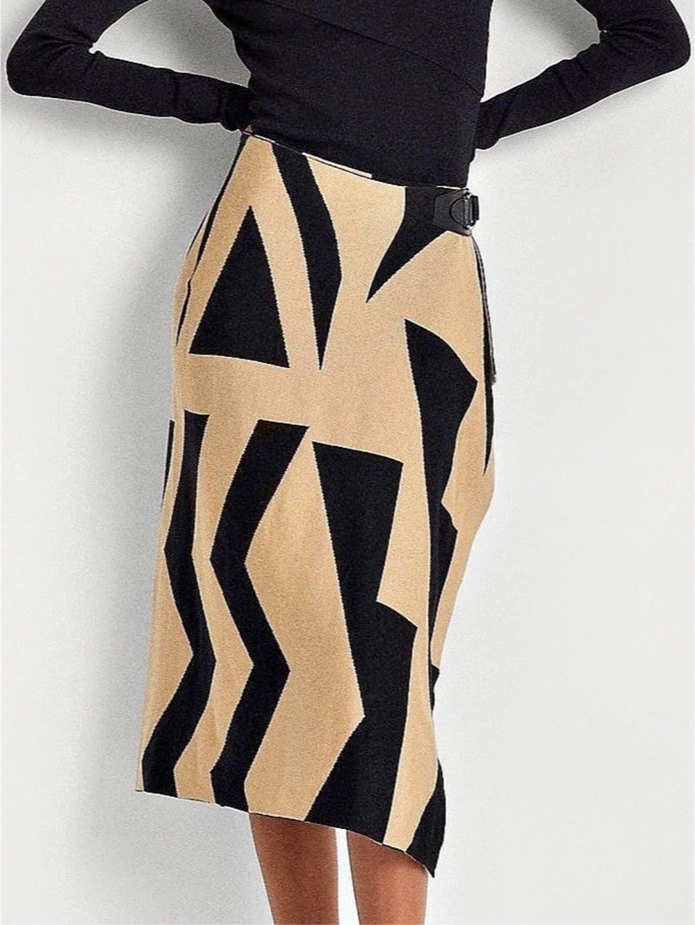Lauren Ralph Lauren XXL Black Tan Geometric Knit Skirt Buckle Detail Midi